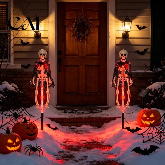 Realistic 3D Bat Bone Props Solar Halloween Garden Lights, Skeleton Pathway Decor, Waterproof LED Spooky Stickers for Windows Stake Light Outdoor Yard
