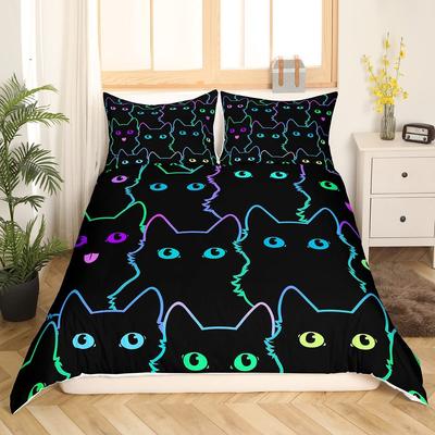Cartoon Cat Bedding Set for Girls Boys Pet Cats Comforter Cover Cute Kitten Neon Light Duvet Cover Room Decor 3D Bedspread Cover
