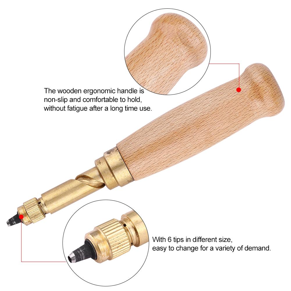 Wooden Handle Screw Auto Hole Punch Leather DIY Hand Craft Stitching Tool with 1.5-4mm Tips