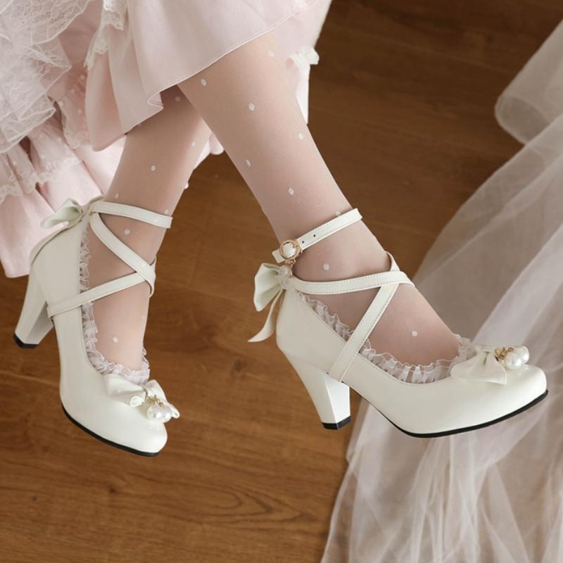 Red Women's Heels Mary Janes Lolitas Shoes Luxury Crystal Black White Block Heeled Party Wedding Shoes Female Pumps Big Size 45