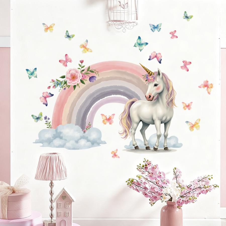 Dreamy Unicorn Rainbow Wall Stickers, Pink Tone Fairy Tale Scene with Colorful Butterflies, Girly Self-Adhesive Decor for Room Decoration