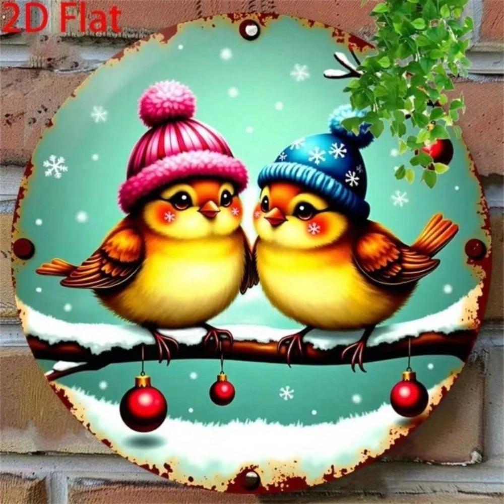 Vintage Winter Birds Snowflakes Metal Wall Art Rustic Turquoise Brown Mint Green Round Decoration