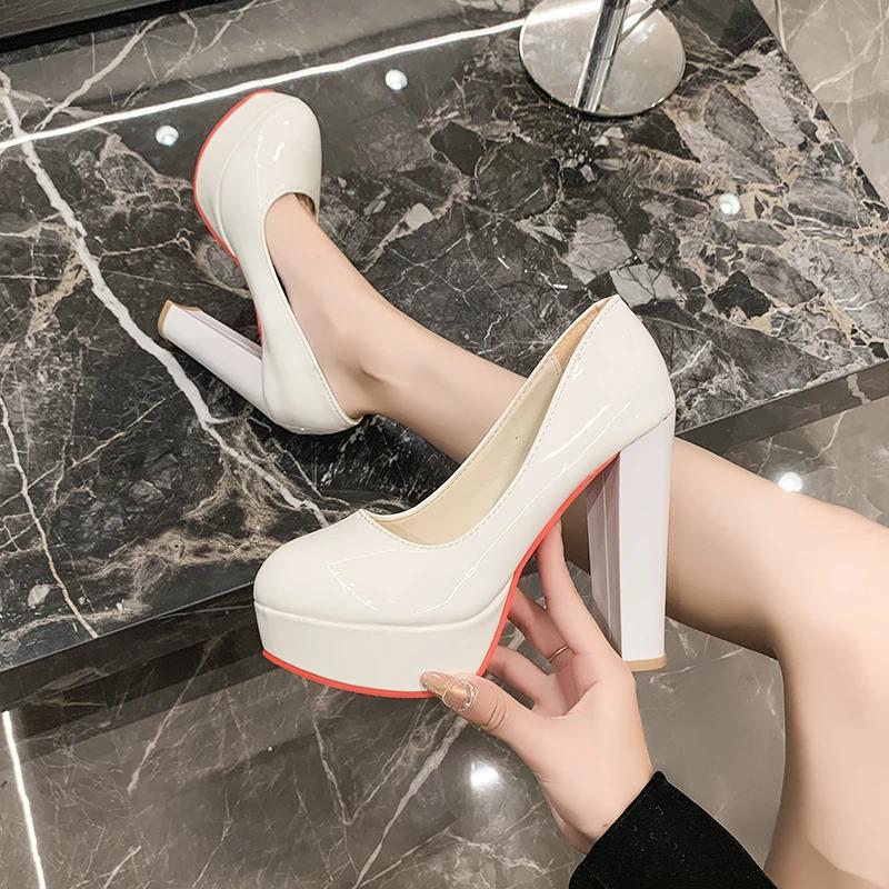 Fashion 2024Waterproof Patent Leather Women's Shoes Thick Platform Round Toe For Professional Work Black Dress Shoes