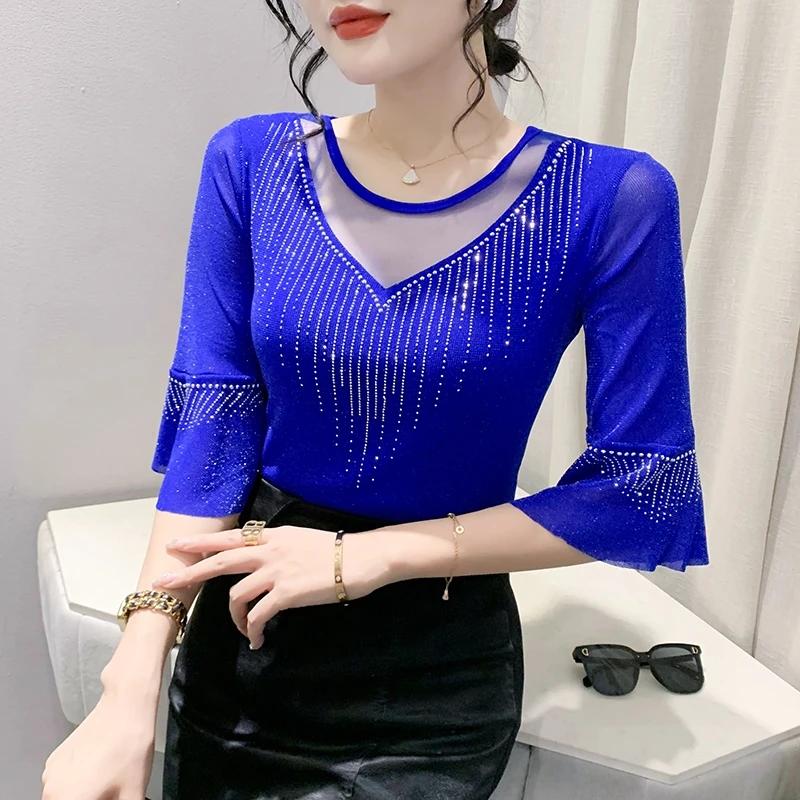 

Летняя женская футболка Сексуальные V-образные вырезы Отделка стразами Приталенные сетчатые топы Женские с рукавом до локтя Универсальные футболки Одежда для танцев 3XL синий