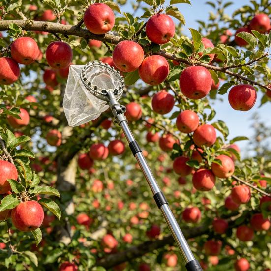 Long Handle Fruit Picker Metal Fruit Harvesting Claw with Cloth Bag Stainless Steel Pole Adjustable Tree Fruit Harvester for Apples