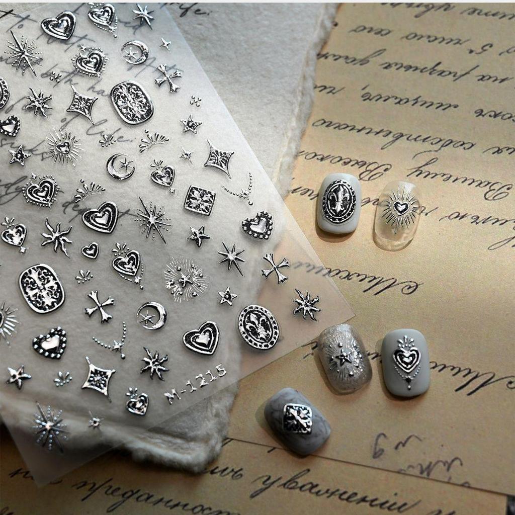 Gothic Starburst Metal Nail Art Stickers – Spicy Gold & Silver Stars, Hearts, and Crosses for DIY Nails