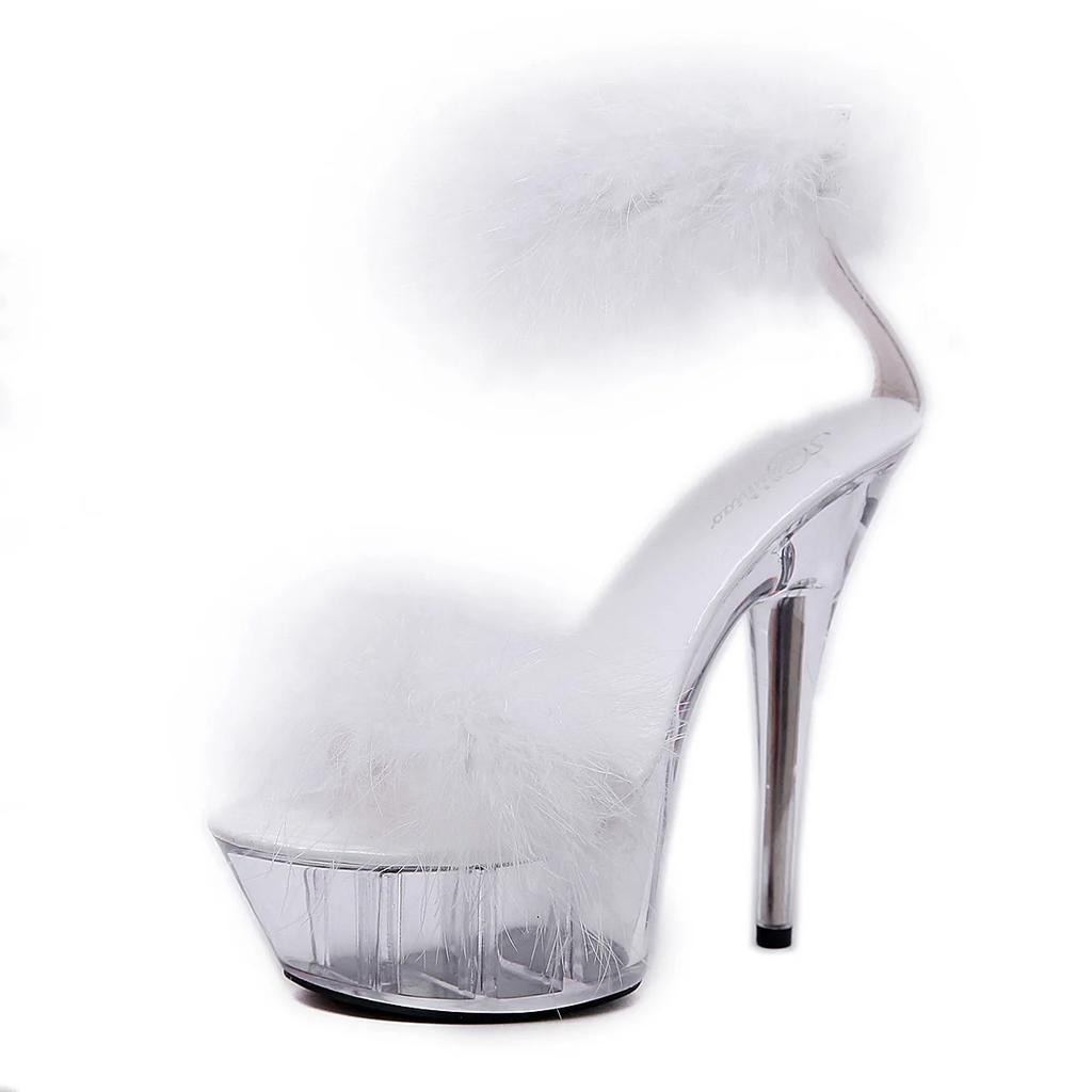 15cm model high heels stiletto heel sexy black waterproof platform hate sky high super high heel fur sandals women's summer
