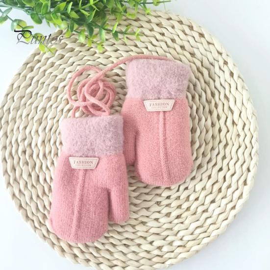 Children Mittens 1 Pair Hanging Rope Halter Thickened Fleece Lining Winter Woolen Yarn Gloves Letter Logo Solid Color Baby Knitting Knitted