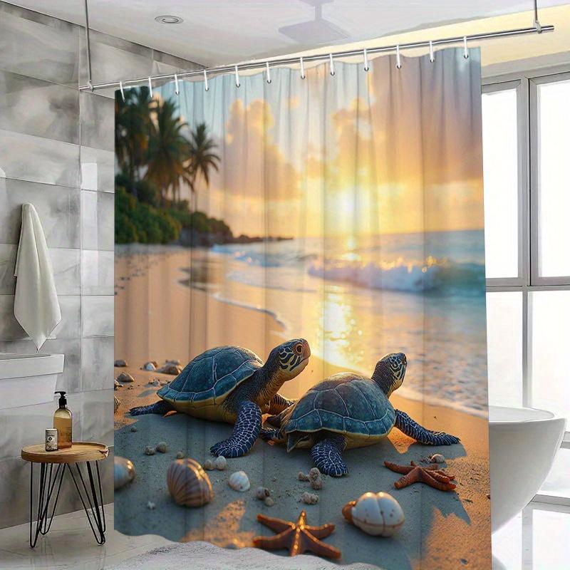 Sea Turtle Sunset Shower Curtain - Serene Beach Scene with Turtles, Palms & Shells, Polyester, Washable, Tropical Bathroom Decor W90XH180cm