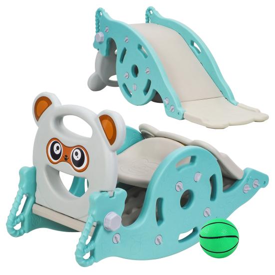 4-in-1 Kids Slide & Rocking Horse, Convertible Playground Toy with Basketball Hoop for Toddlers