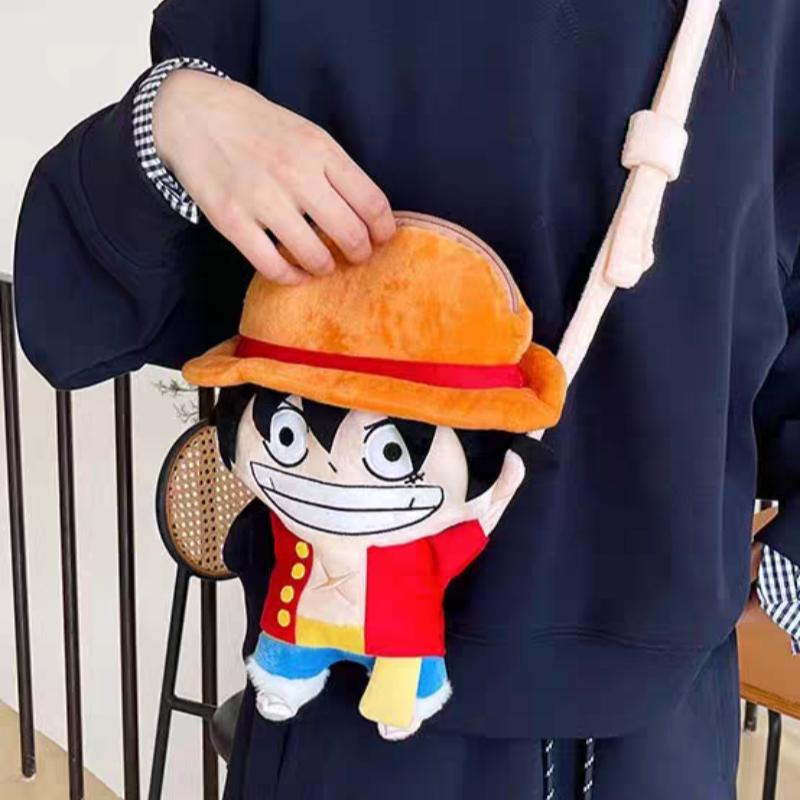 One Piece Monkey D Luffy Big Head Straw Hat Plush Adjustable Shoulder Straps Single Shoulder Crossbody Bag Friend Birthday Gift