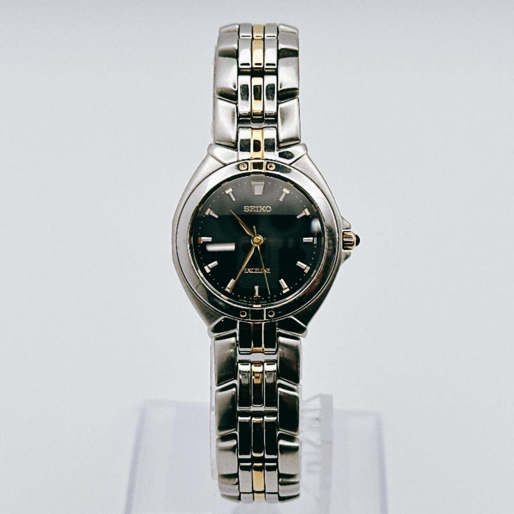 Used Vintage SEIKO Exceline Bangle Watch, Combi, Black Dial, Working, Battery Replaced