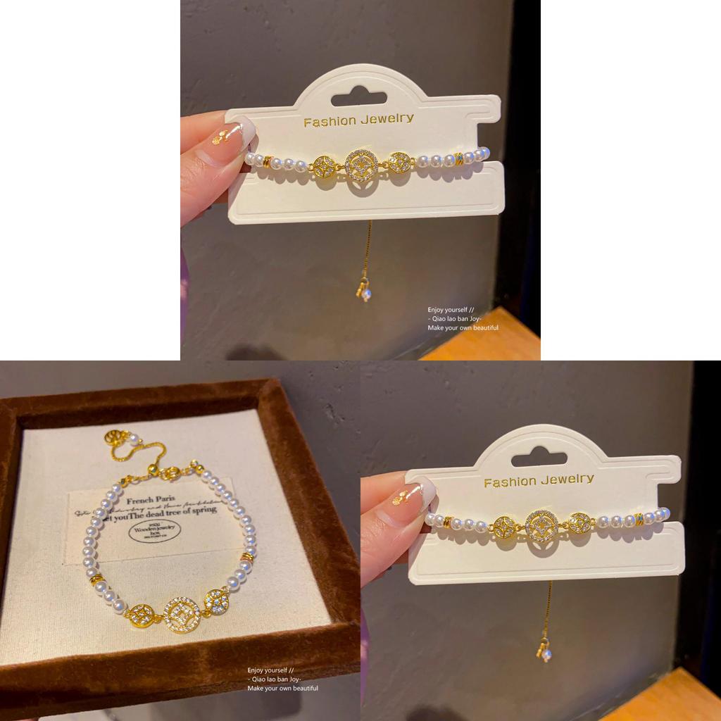 Light Luxury Gold Plated Zircon Copper Coin Pearl Bracelet For Women Gift
