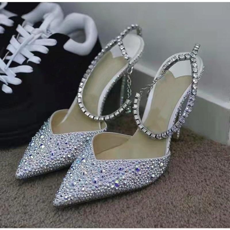 

Luxury Rhinestones Sequined Ankle Strap Women Pumps Elegant Stiletto High heels Spring Summer Crystal Wedding Prom Shoes 37