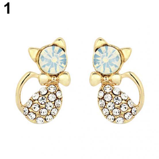 Elegante Feminino Bonito Gato Cristal Strass Liga Brincos Brincos Jóias