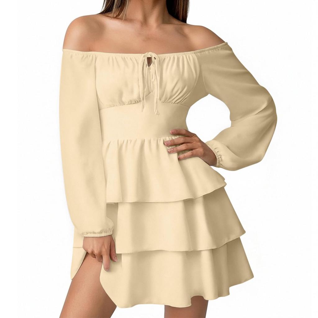 Women's Fashion Off-Shoulder Tie-Detail Pleated Long-Sleeve Fitted -Color Short Dress