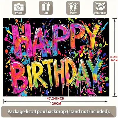 2D Black Paint Splatter Happy Birthday Backdrop Banner for Hip Hop Party Supplies