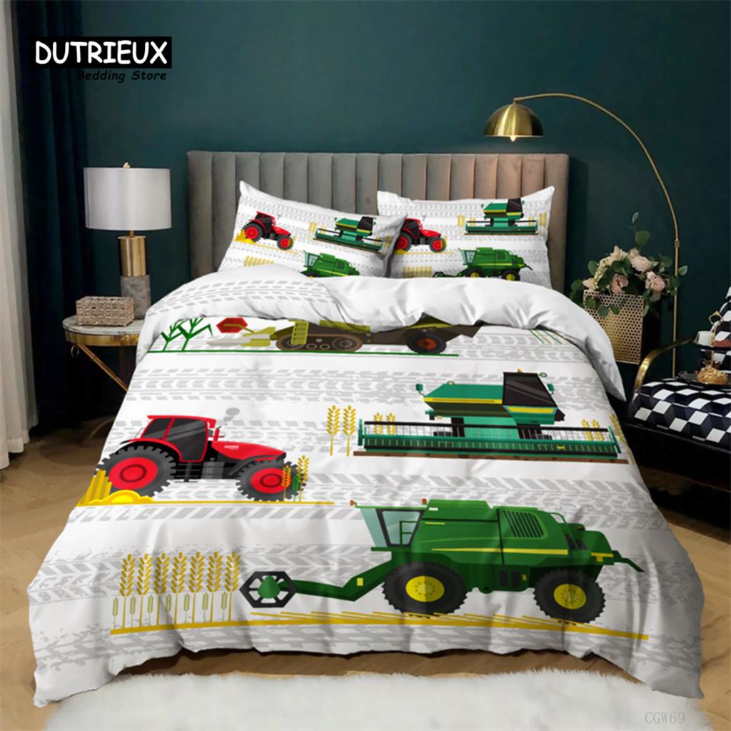 Boys Cartoon Car Duvet Cover Twin King Kids Construction Vehicles Bedding Set Microfiber Cartoon Machinery Truck Comforter Cover