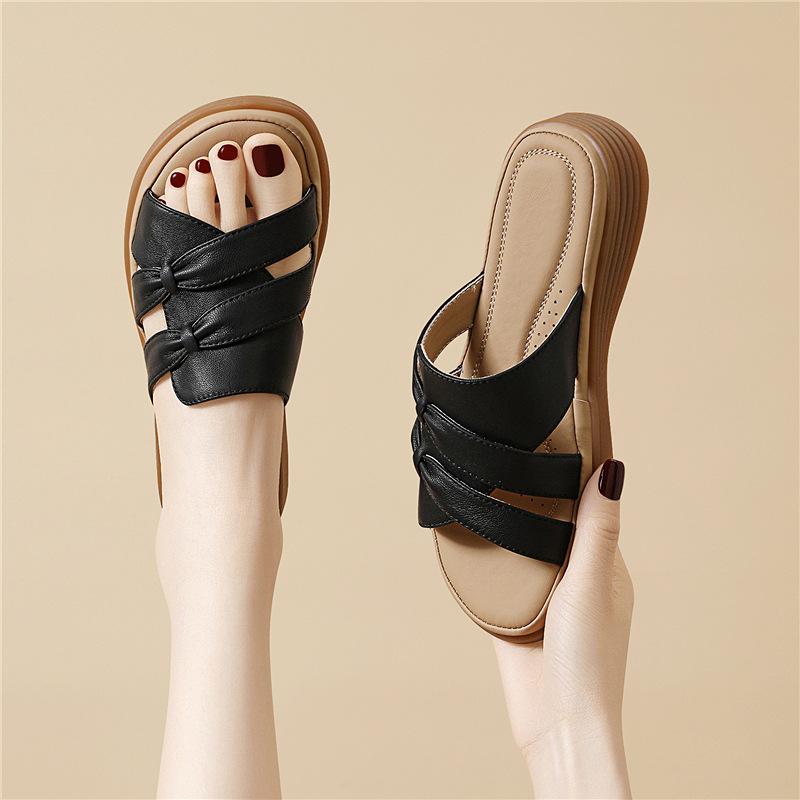Women's Sheepskin Genuine Leather Mother Slippers Summer New Outer Wear Middle-aged Soft Bottom Casual Slope Heel Thick Bottom Fashion Sandals