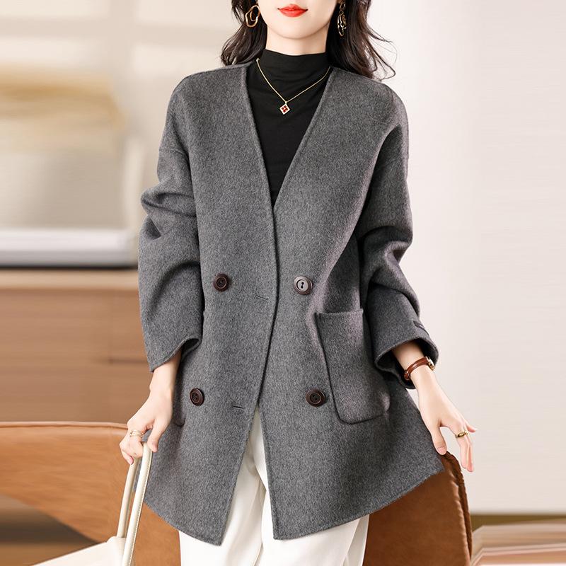 

Женское двустороннее шерстяное пальто ручной работы, новое осенне-зимнее пальто средней длины с поясом L светло-серый