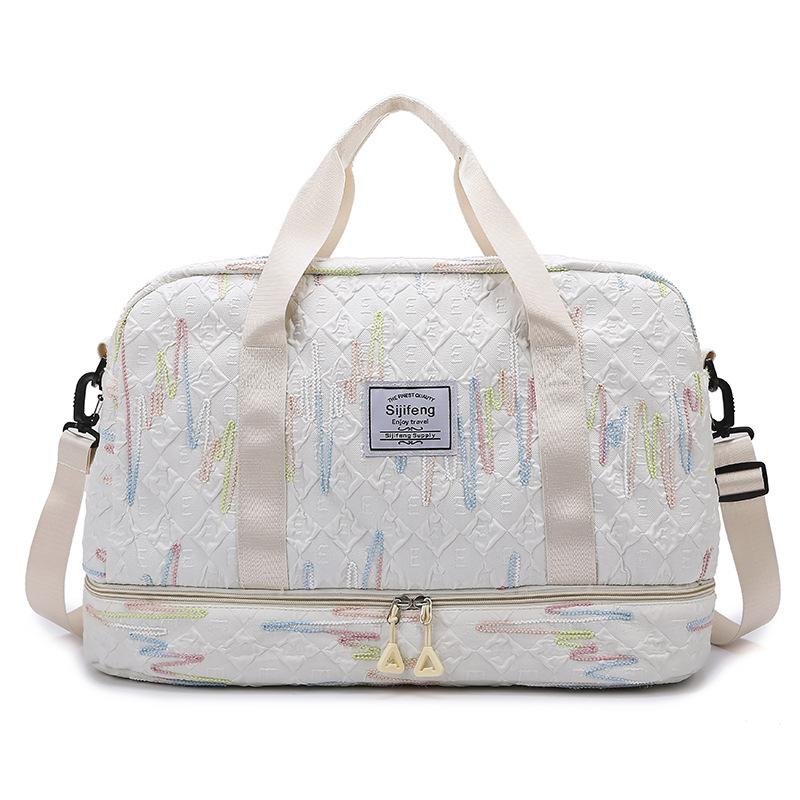

Hand-held Travel Bag with Diamond-shaped Pleated Embroidery Thread, Dry and Wet Separation Fitness Bag with Handle and Shoe Compartment