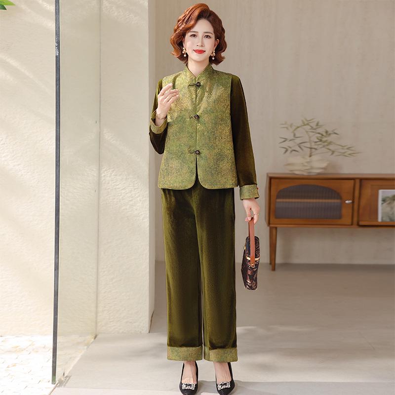 

Elegant Spring Vest Suit for Mothers - Mid-Aged Women s National Style Golden Velvet Three-Piece Outfit 4XL [135-150 kg]