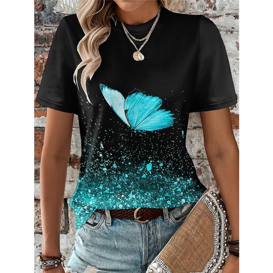 

Fashionable Butterfly Tees Minimalist 3D Print Pattern Women s T Shirt Round Neck Short Sleeved Top 2XL