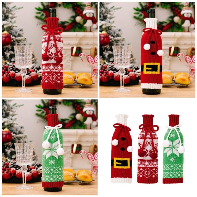 3Piece Festival Snowflake Knits Wine Bottle Sleeves Wine Bottle Cover For Christmas Celebration Festival Wine Dress