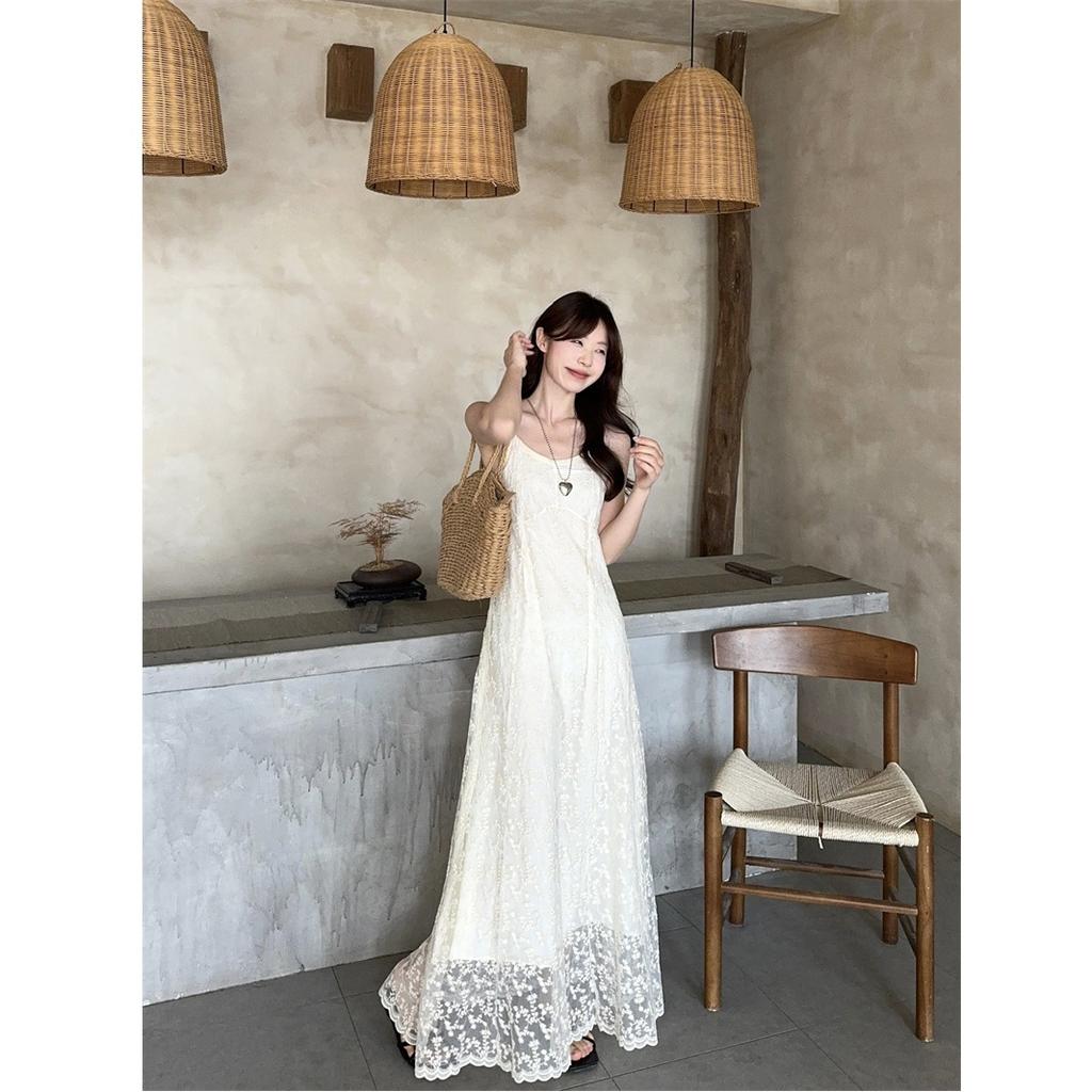 2026 embroidery suspender dress pure desire style women's summer temperament fashion waist thin chic long skirt women's tide