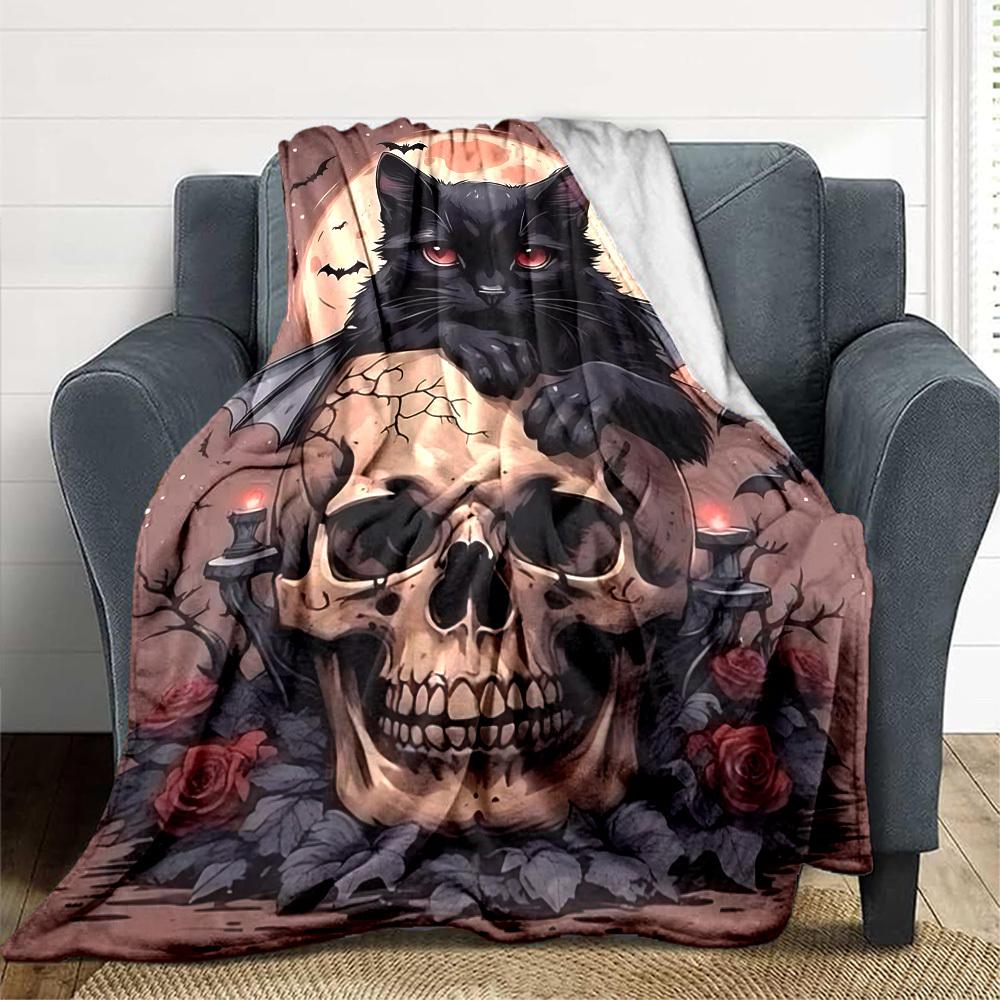 1pc Cat, Halloween Skull Blanket Lightweight Flannel Blanket Throw Blanket For Sofa, Bed, Travel, Camping, Livingroom, Couch, Chair, And Bed yy2509026
