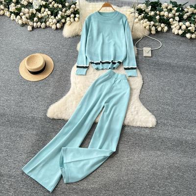 Autumn Winter Women Casual Knitted Sweater Trouser Two Piece Set Full Sleeve Pullover Tops and Wide Leg Pant Tracksuit