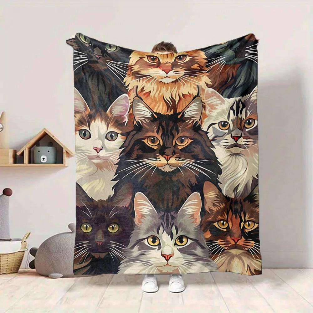 1pc Cat Collection Print Blanket   Lightweight Flannel Throw Blanket For Sofa, Bed, Living Room, Office, Outdoor Travel, Camping