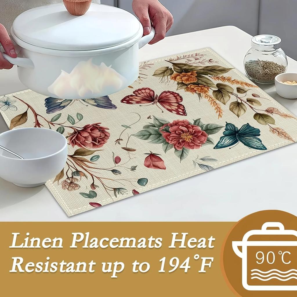 1PC Butterfly Floral Vintage Placemats Linen Table Placemats Summer Seasonal Farmhouse Kitchen Party Deco