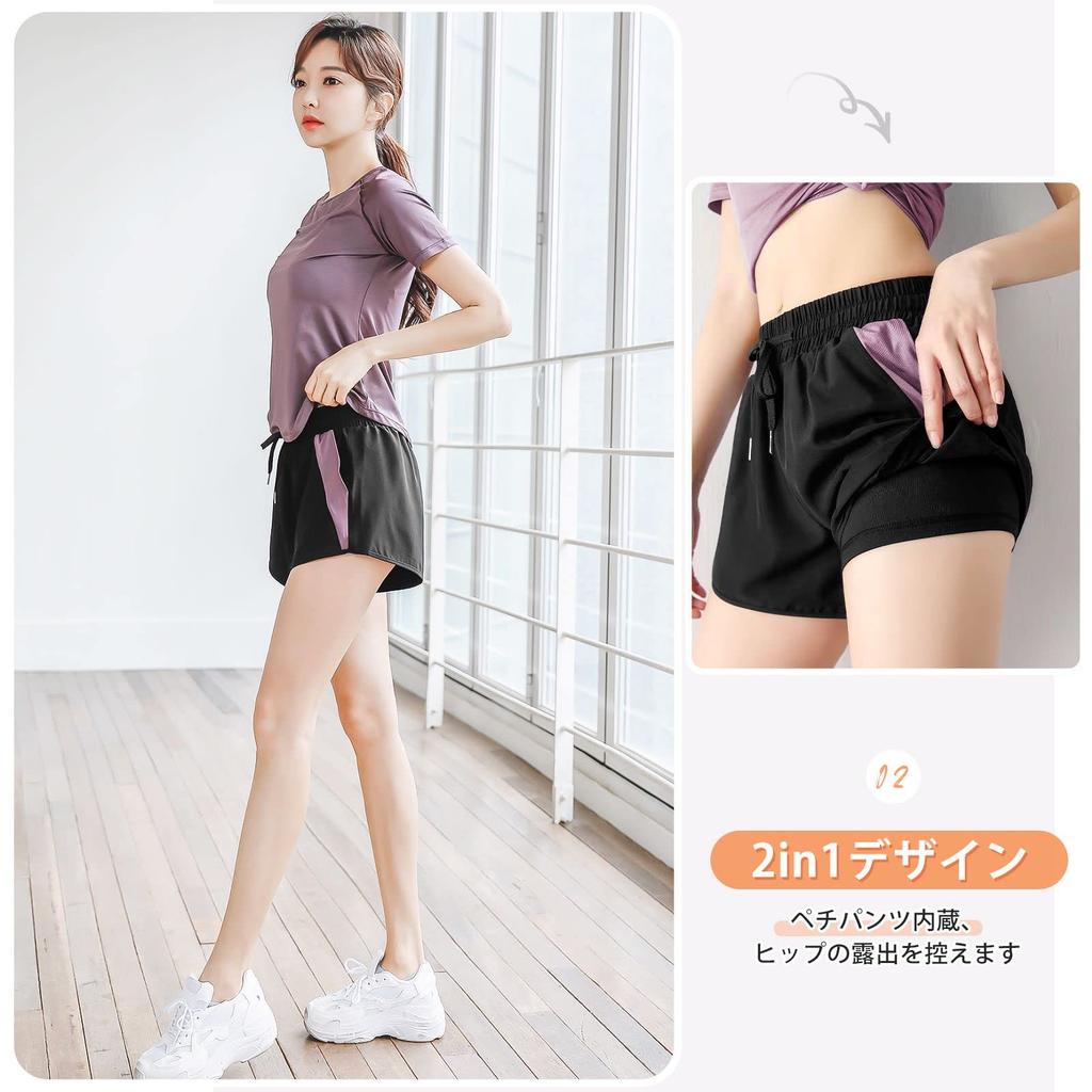 THREEGUN Shorts with Running Yoga Workout Fitness Women's 2-in-1 Pockets, Shorts, Shorts, Shorts, Shorts, Quick-Drying (Black/Purple - XL)