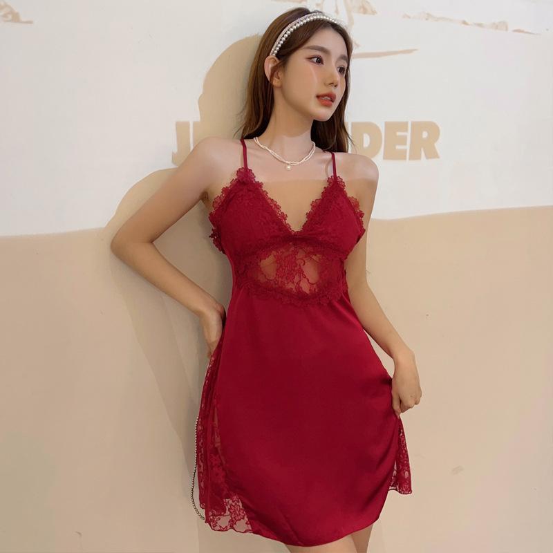 Sexy pajamas women's summer ice silk 1011 new model with chest pad lace suspender nightdress set nightgown two-piece set