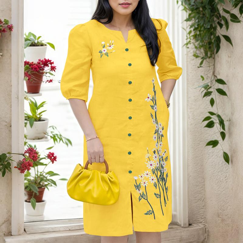ZANZEA Women Casual V-Neck 3/4 Sleeve Loose Floral Print Dress