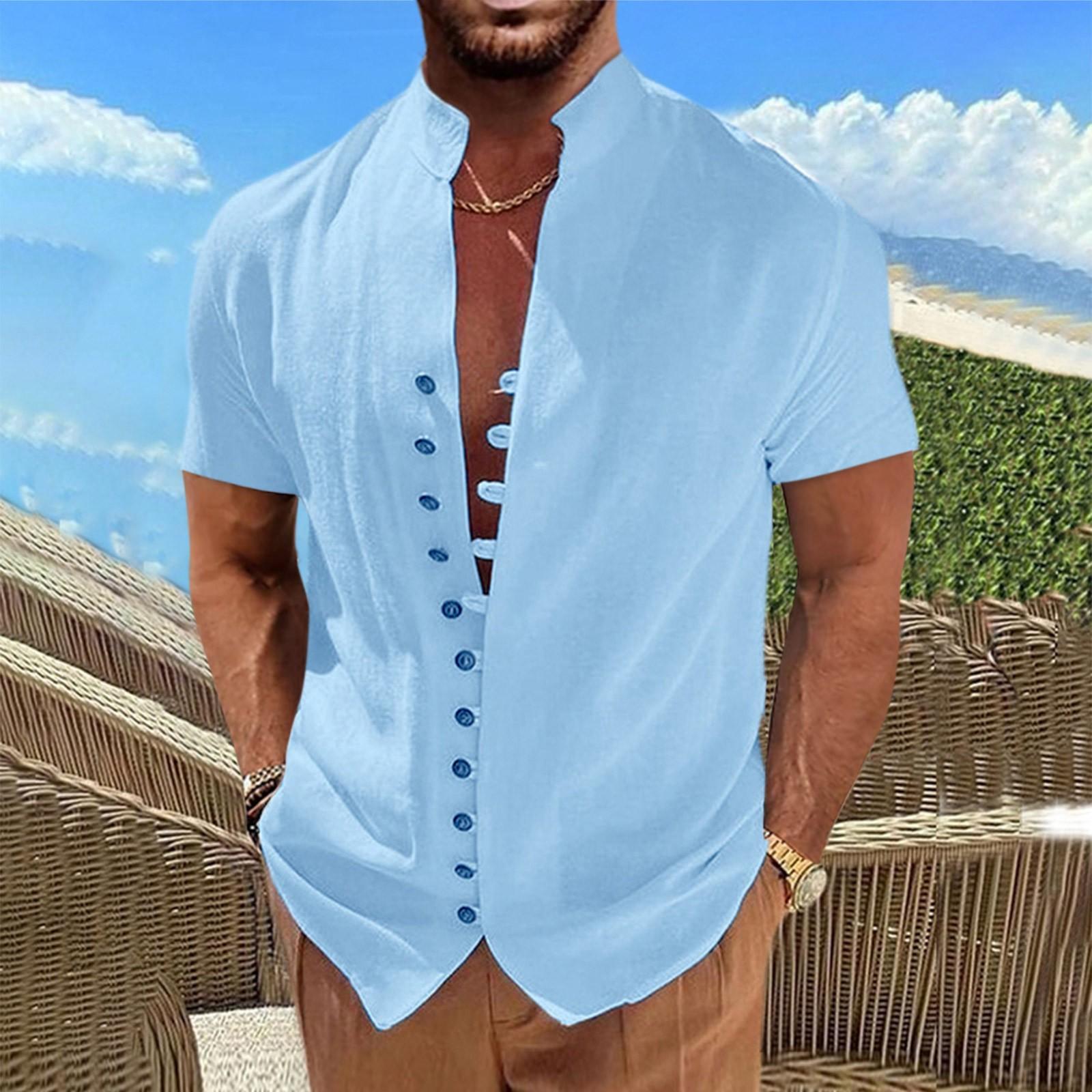 

Мужская рубашка свободного кроя в стиле ретро с коротким рукавом белого и синего цвета S синий