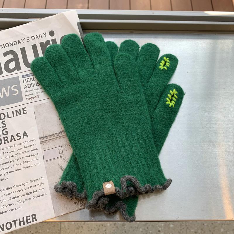Fashionable Five-finger Glutinous Autumn and Winter Touch Screen Reveals Two Finger Warm Soft Women's Cute Wool Wool