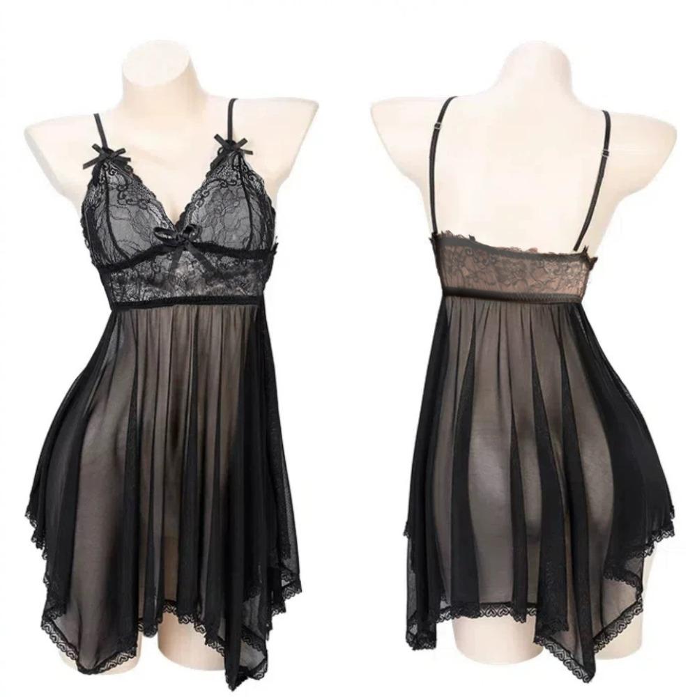 Mesh Sexy Clothing Lace Skirt Transparent Sexy Lingerie Dress Fashion Bow Deep V Lace Skirt  Home