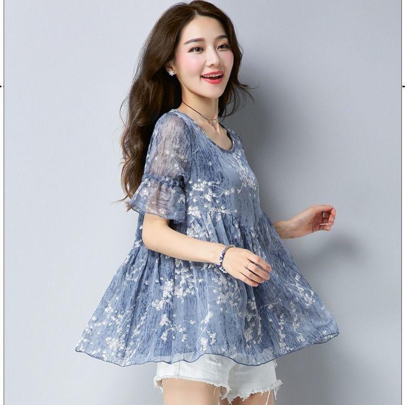 Top de Chifón de Manga Corta para Mujer de Talla Grande con Estampado Floral Suelto Cuello Redondo y Camiseta Pequeña Elegante