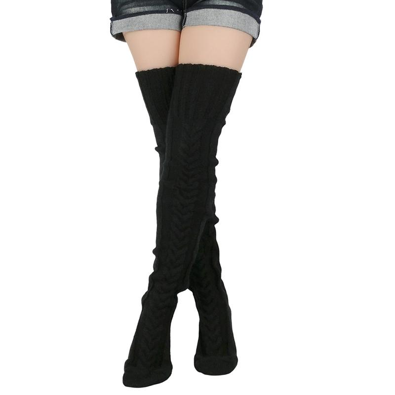 Chaussettes Chaudes Sexy pour l'Automne Hiver Chaussettes en Laine Grossière Couleur Unie Chaussettes Chaudes Longues en Laine Style Churros Longueur Genou One Size beige