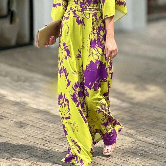 Tuta da donna con scollo a V, maniche a pipistrello a metà manica, schiena scoperta, vita alta, elastico in vita, stampa floreale, ampia, casual, tutina