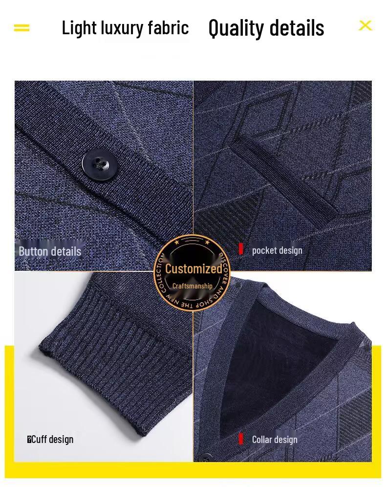 Men's V-Neck Knit Cardigan Sweater: Autumn-Winter Plus Velvet, Thickened, Loose Fit for Middle-aged & Elderly