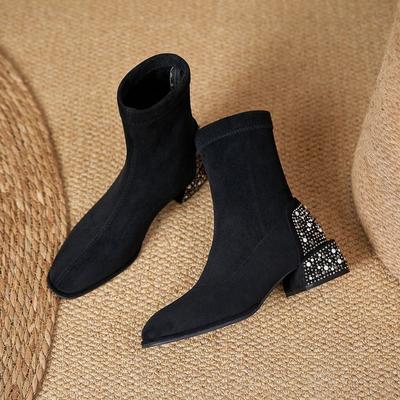 Fleece Square Head Thick Heel High Heels Women's Season New British Wind Rhinestone Suede Elastic Boots Children