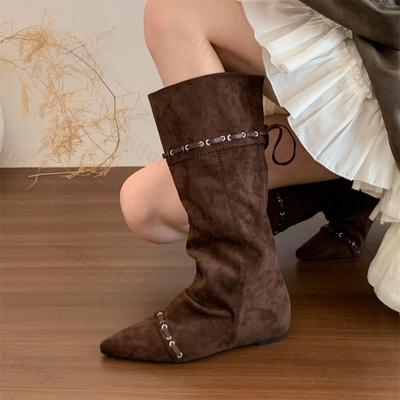 Bottes de Chevalier pour Femmes 2026 Automne Vintage Daim Plissé Mode Bout Pointu Élévation Interne Chaussure Dames Western Longues Botas Mujer