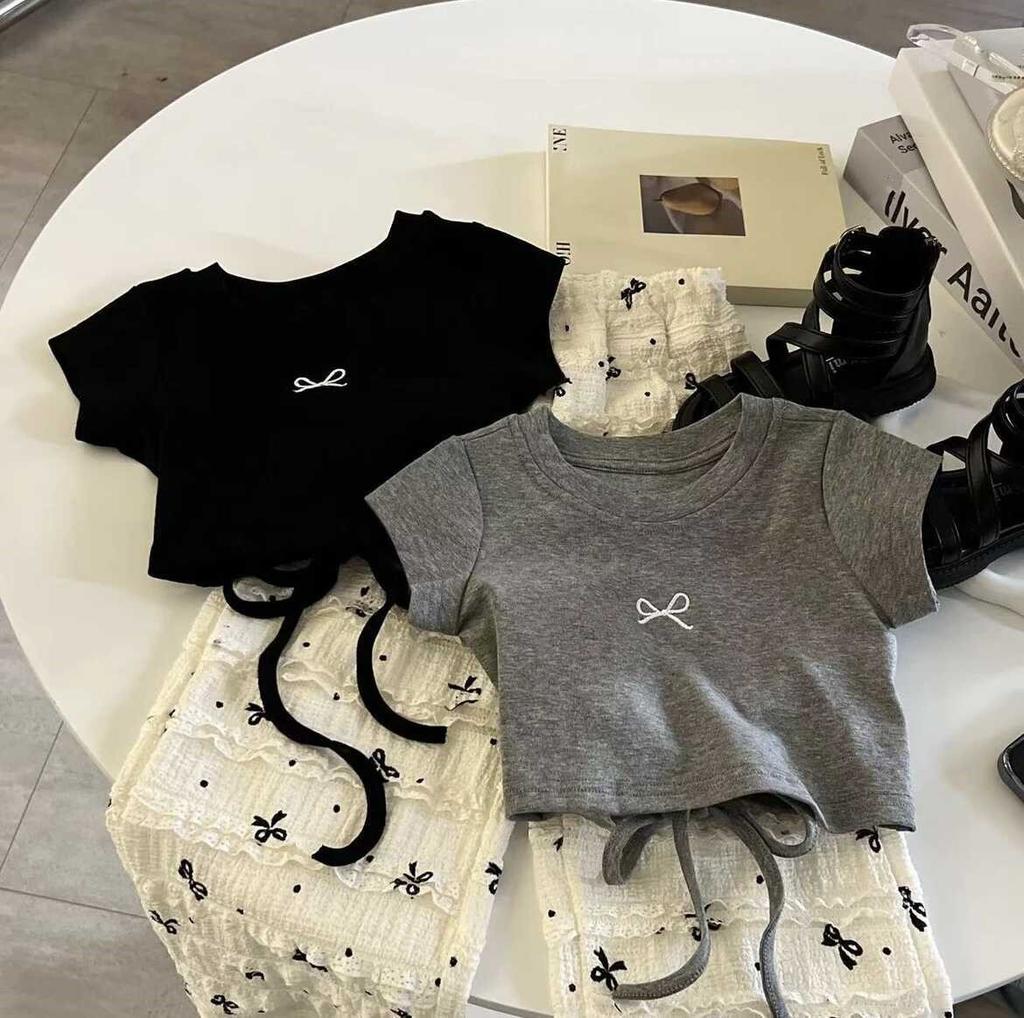 Girls Summer Blouse Sets Bow Tops Baby Short Sleeve T-Shirt + Pants 2 Piece Suits Sweet Casual Kids