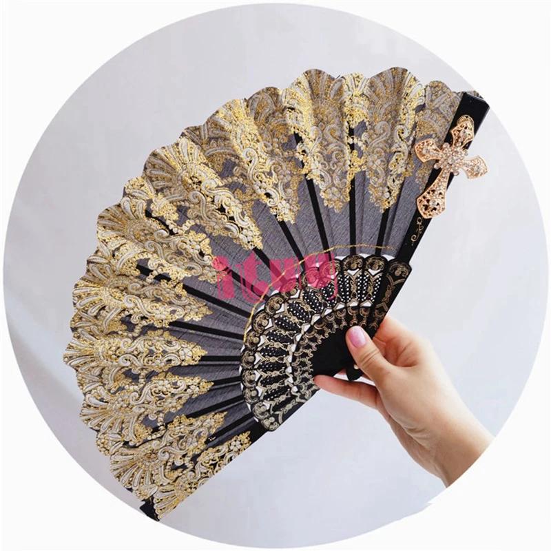 Handmade Lolita Vintage Gothic Black White Lace Hand Fan Golden Sun Flower Cross Folding Hand Fan for Photo Props Show Dancing