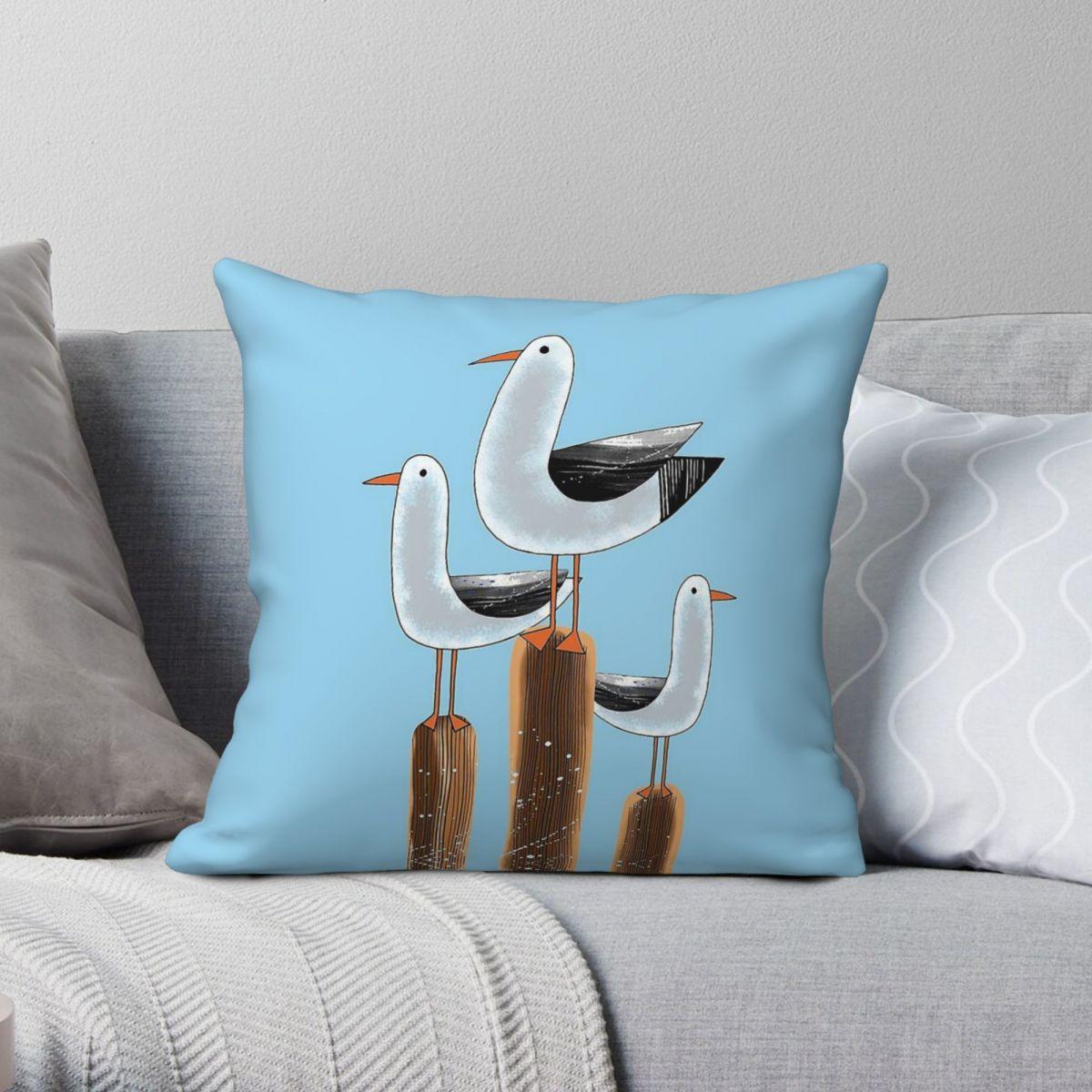 Lu Xika Chen Unisex Seagulls Wooden Posts Pillowcase Polyester Linen Velvet Pattern Zip Decor Throw Pillow Case Sofa Seater Cushion Cover