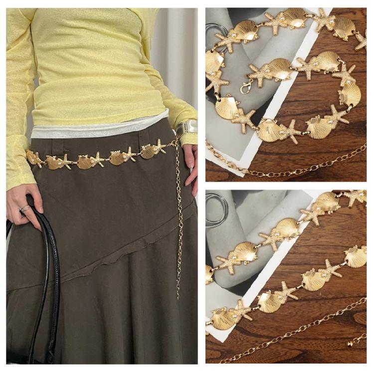 Sea Star Waist Chain Waist Ornament Belly Sash with Metal Shells and Pearls Accent For Ocean Themed Style Enthusiasts