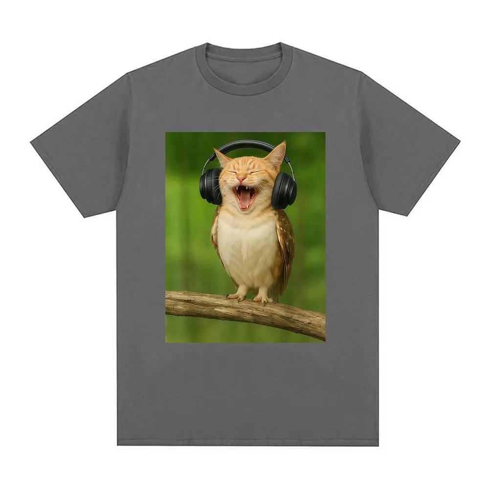 Lustige Meowl Meme T-Shirts Katze Eule Headset Herren Damen Kleidung Mode Harajuku Kurzarm Baumwolle Sommer Übergroß